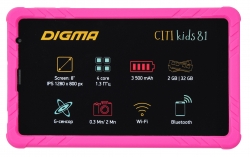 Планшет Digma CITI Kids 81 MT8321 (1.3) 4C/RAM2Gb/ROM32Gb 8 IPS 1280x800/3G/Android 10.0 Go/розовый/2Mpix/0.3Mpix/BT/GPS/WiFi/Touch/microSDHC 64Gb/