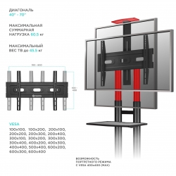 Стойка для телевизора Onkron TS1551 красный 40-70 макс.45.5кг напольный мобильный