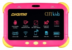 Планшет Digma CITI Kids MT8321 (1.3) 4C/RAM2Gb/ROM32Gb 7 IPS 1024x600/3G/Android 9.0/розовый/2Mpix/0.3Mpix/BT/WiFi/Touch/microSDHC 64Gb/minUSB/2800mAh